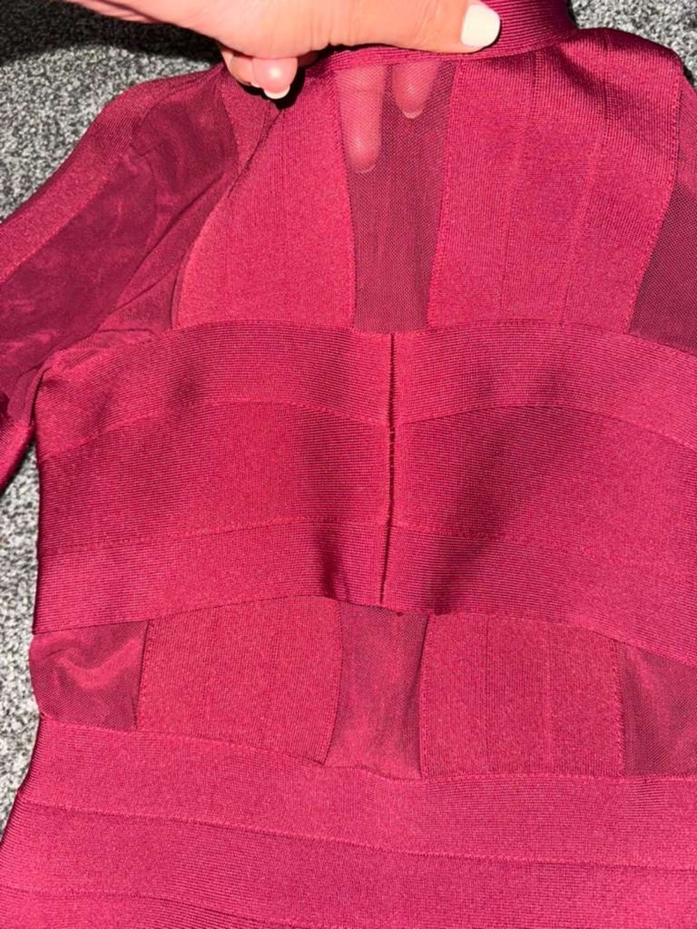 Women’s Long Sleeve Burgundy Sheer Panel Bodycon Dress - Picture 7 of 7